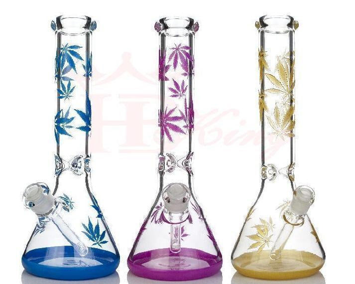 14" Beaker Water Pipe w/Cannabis Leaf Pattern